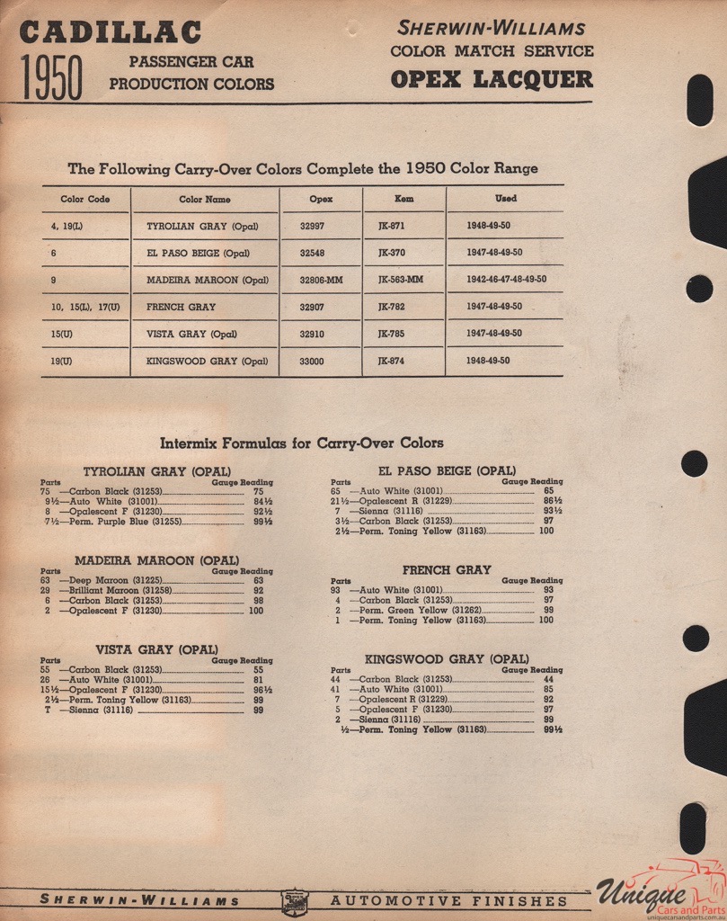 1950 Cadillac Paint Charts Williams 2